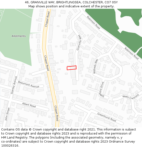 46, GRANVILLE WAY, BRIGHTLINGSEA, COLCHESTER, CO7 0SY: Location map and indicative extent of plot