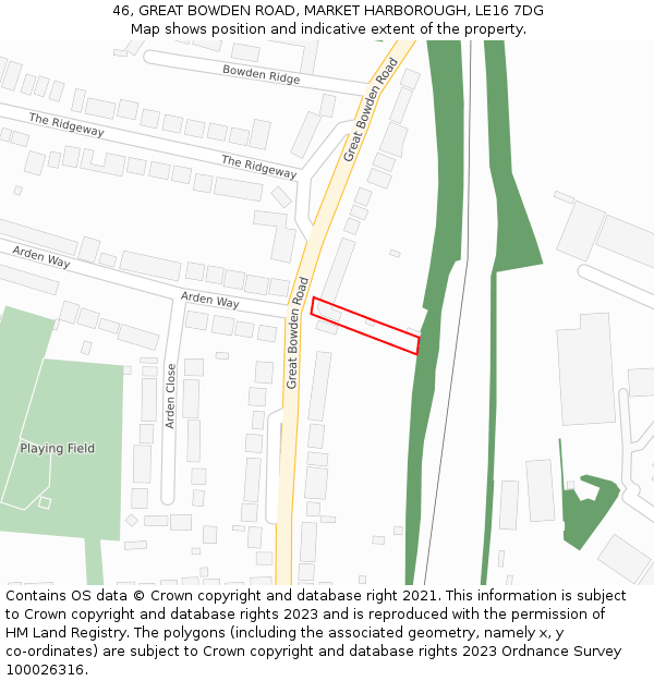46, GREAT BOWDEN ROAD, MARKET HARBOROUGH, LE16 7DG: Location map and indicative extent of plot