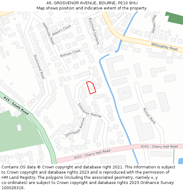 46, GROSVENOR AVENUE, BOURNE, PE10 9HU: Location map and indicative extent of plot