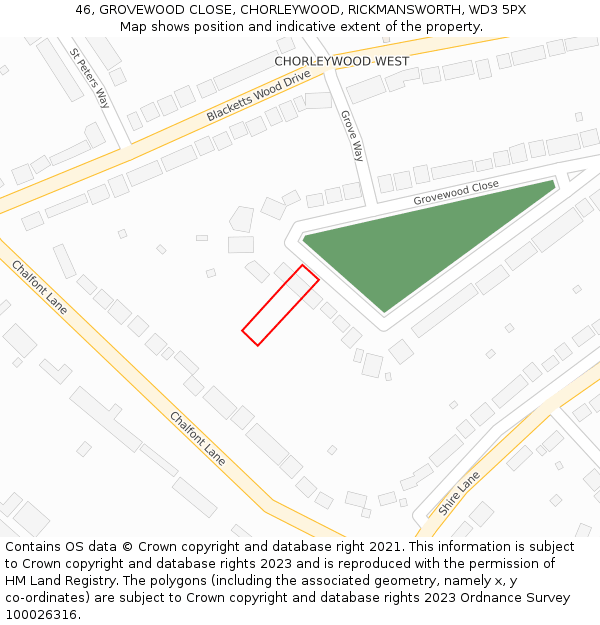 46, GROVEWOOD CLOSE, CHORLEYWOOD, RICKMANSWORTH, WD3 5PX: Location map and indicative extent of plot