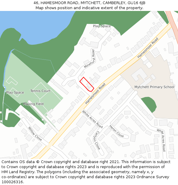 46, HAMESMOOR ROAD, MYTCHETT, CAMBERLEY, GU16 6JB: Location map and indicative extent of plot