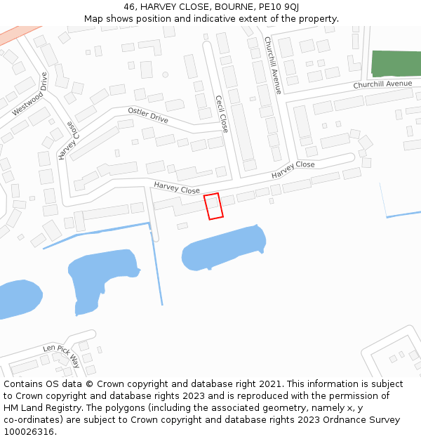 46, HARVEY CLOSE, BOURNE, PE10 9QJ: Location map and indicative extent of plot