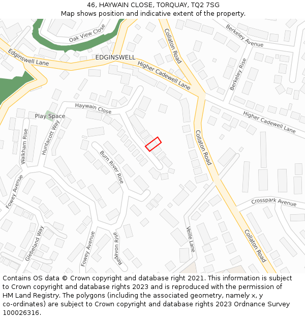 46, HAYWAIN CLOSE, TORQUAY, TQ2 7SG: Location map and indicative extent of plot