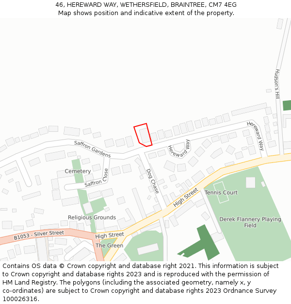 46, HEREWARD WAY, WETHERSFIELD, BRAINTREE, CM7 4EG: Location map and indicative extent of plot