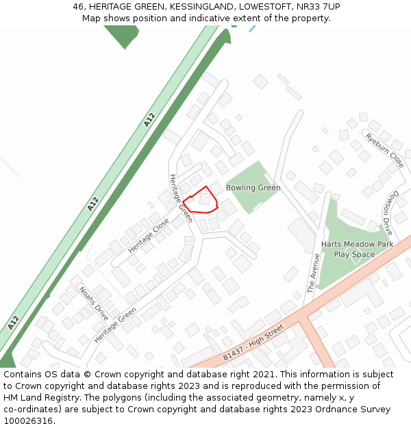 46, HERITAGE GREEN, KESSINGLAND, LOWESTOFT, NR33 7UP: Location map and indicative extent of plot