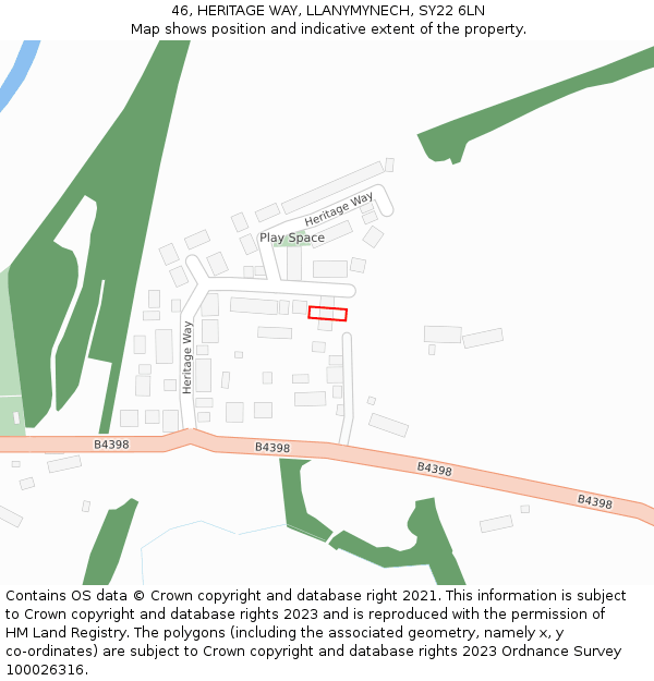 46, HERITAGE WAY, LLANYMYNECH, SY22 6LN: Location map and indicative extent of plot