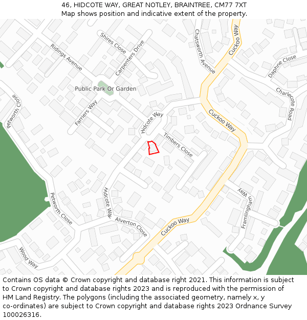 46, HIDCOTE WAY, GREAT NOTLEY, BRAINTREE, CM77 7XT: Location map and indicative extent of plot