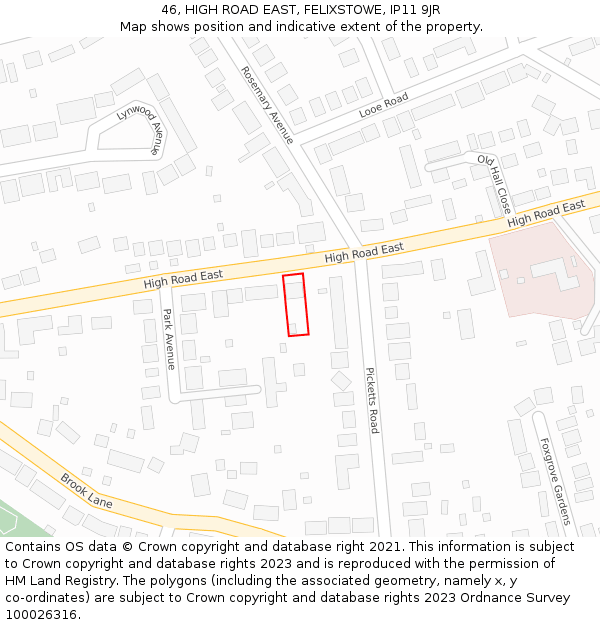 46, HIGH ROAD EAST, FELIXSTOWE, IP11 9JR: Location map and indicative extent of plot