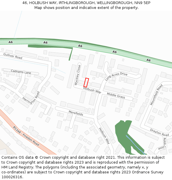 46, HOLBUSH WAY, IRTHLINGBOROUGH, WELLINGBOROUGH, NN9 5EP: Location map and indicative extent of plot