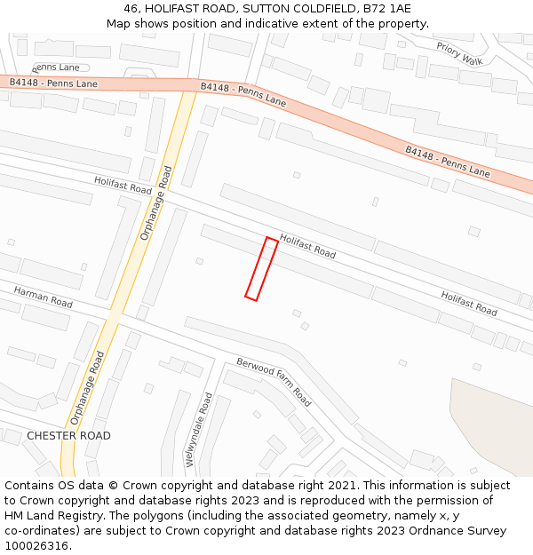 46, HOLIFAST ROAD, SUTTON COLDFIELD, B72 1AE: Location map and indicative extent of plot