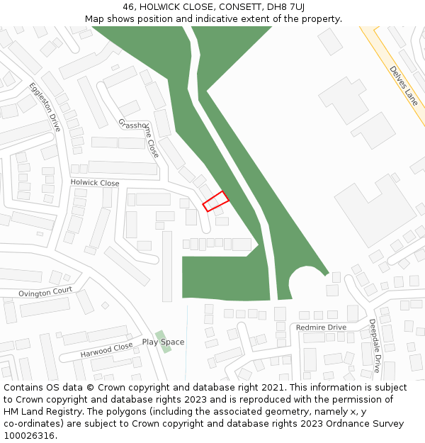 46, HOLWICK CLOSE, CONSETT, DH8 7UJ: Location map and indicative extent of plot