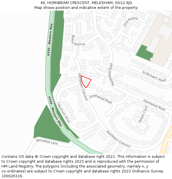 46, HORNBEAM CRESCENT, MELKSHAM, SN12 6JG: Location map and indicative extent of plot