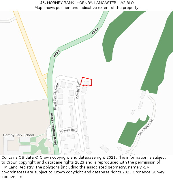 46, HORNBY BANK, HORNBY, LANCASTER, LA2 8LQ: Location map and indicative extent of plot