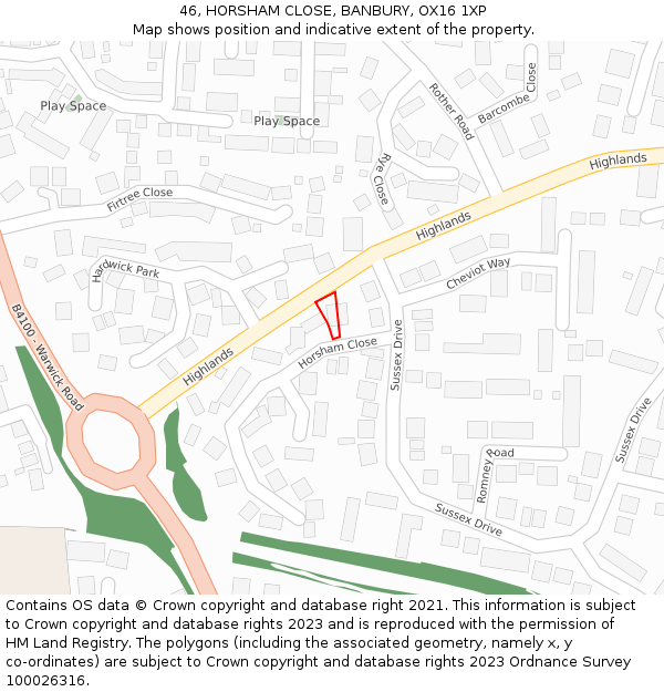 46, HORSHAM CLOSE, BANBURY, OX16 1XP: Location map and indicative extent of plot