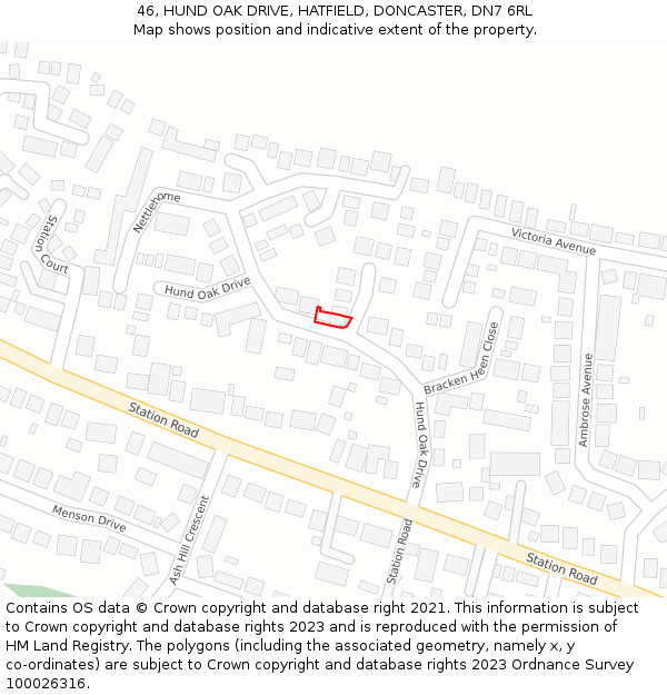 46, HUND OAK DRIVE, HATFIELD, DONCASTER, DN7 6RL: Location map and indicative extent of plot