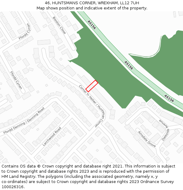 46, HUNTSMANS CORNER, WREXHAM, LL12 7UH: Location map and indicative extent of plot