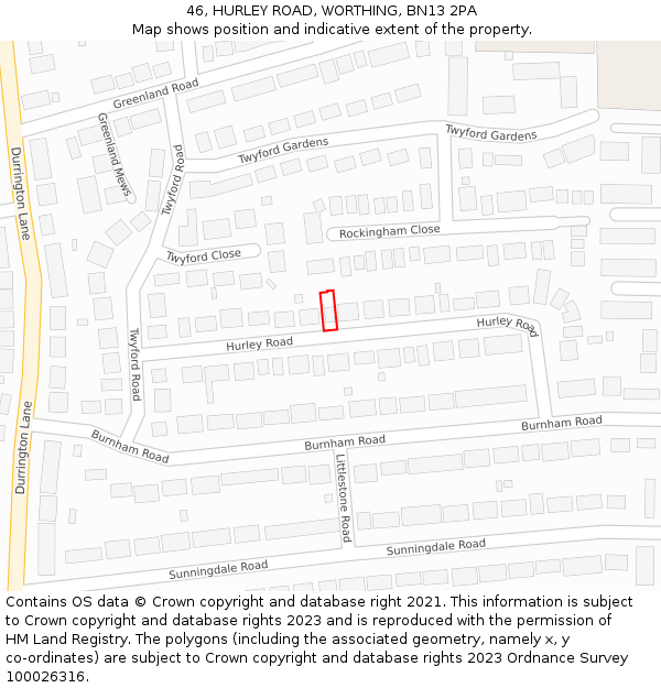 46, HURLEY ROAD, WORTHING, BN13 2PA: Location map and indicative extent of plot