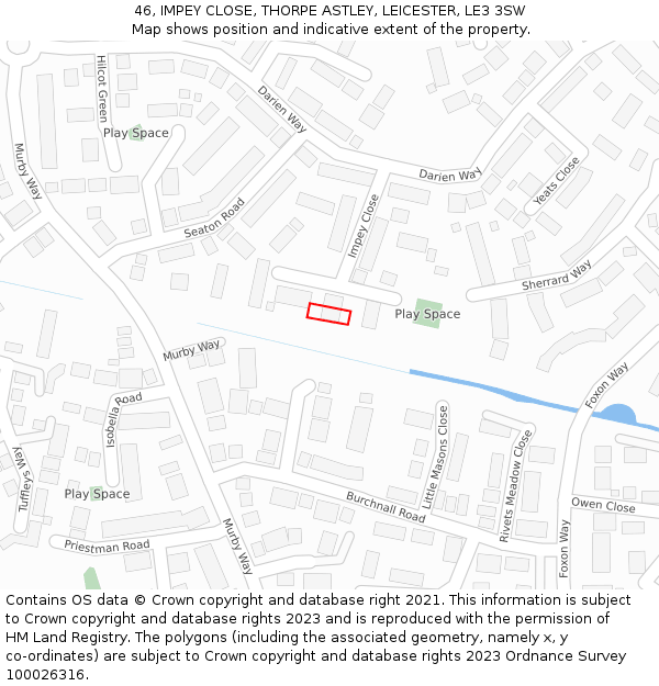 46, IMPEY CLOSE, THORPE ASTLEY, LEICESTER, LE3 3SW: Location map and indicative extent of plot