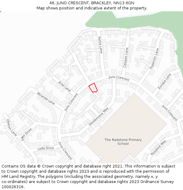 46, JUNO CRESCENT, BRACKLEY, NN13 6GN: Location map and indicative extent of plot