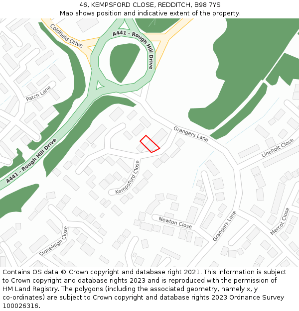 46, KEMPSFORD CLOSE, REDDITCH, B98 7YS: Location map and indicative extent of plot