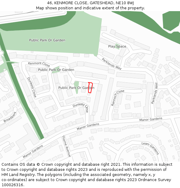 46, KENMORE CLOSE, GATESHEAD, NE10 8WJ: Location map and indicative extent of plot