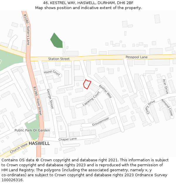 46, KESTREL WAY, HASWELL, DURHAM, DH6 2BF: Location map and indicative extent of plot