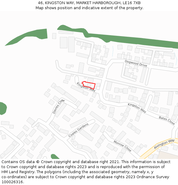 46, KINGSTON WAY, MARKET HARBOROUGH, LE16 7XB: Location map and indicative extent of plot