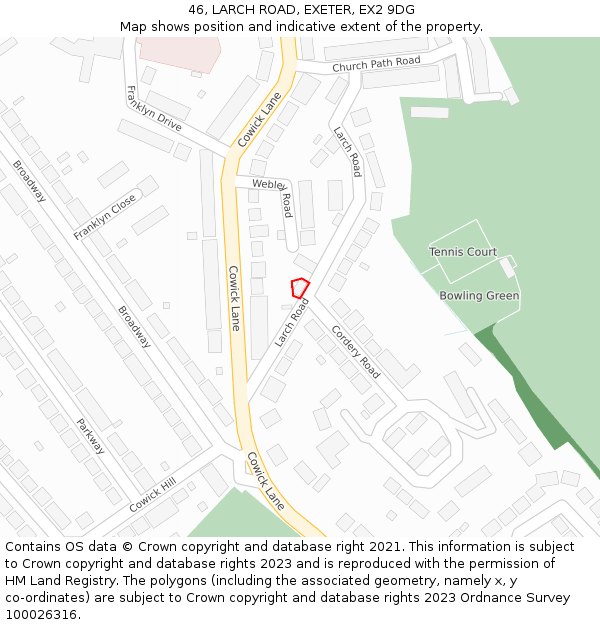 46, LARCH ROAD, EXETER, EX2 9DG: Location map and indicative extent of plot
