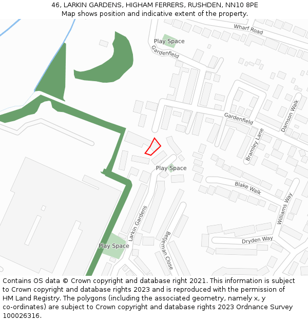 46, LARKIN GARDENS, HIGHAM FERRERS, RUSHDEN, NN10 8PE: Location map and indicative extent of plot