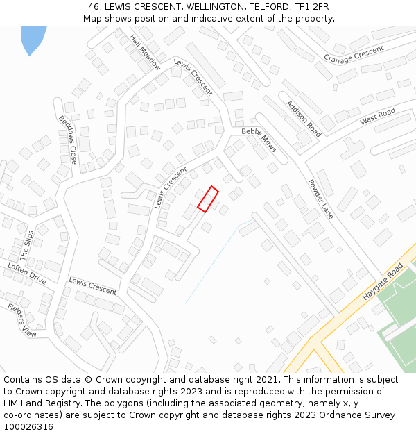 46, LEWIS CRESCENT, WELLINGTON, TELFORD, TF1 2FR: Location map and indicative extent of plot