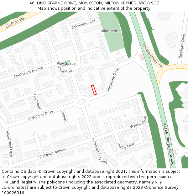 46, LINDISFARNE DRIVE, MONKSTON, MILTON KEYNES, MK10 9DB: Location map and indicative extent of plot