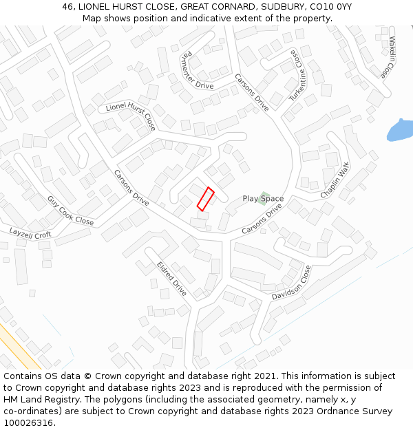 46, LIONEL HURST CLOSE, GREAT CORNARD, SUDBURY, CO10 0YY: Location map and indicative extent of plot