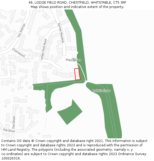 46, LODGE FIELD ROAD, CHESTFIELD, WHITSTABLE, CT5 3RF: Location map and indicative extent of plot