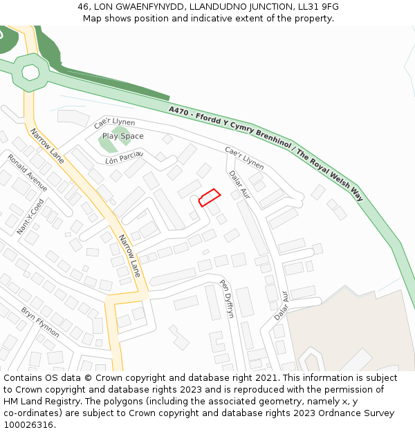46, LON GWAENFYNYDD, LLANDUDNO JUNCTION, LL31 9FG: Location map and indicative extent of plot