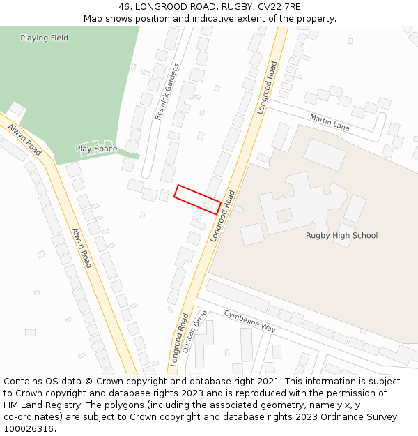 46, LONGROOD ROAD, RUGBY, CV22 7RE: Location map and indicative extent of plot