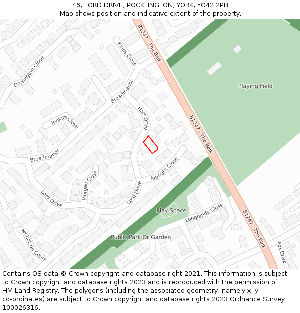 46, LORD DRIVE, POCKLINGTON, YORK, YO42 2PB: Location map and indicative extent of plot