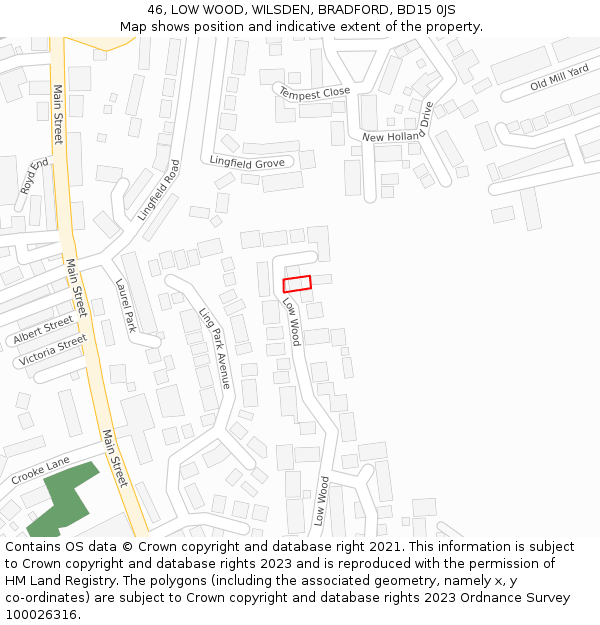 46, LOW WOOD, WILSDEN, BRADFORD, BD15 0JS: Location map and indicative extent of plot