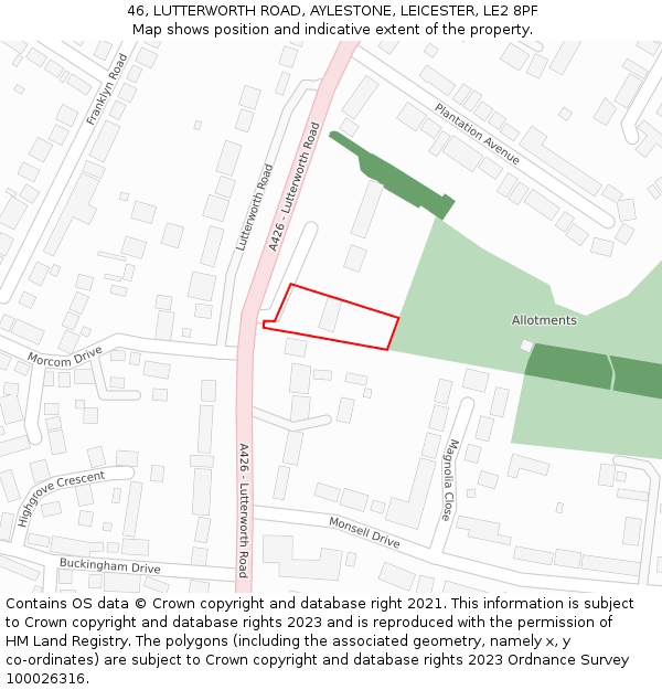 46, LUTTERWORTH ROAD, AYLESTONE, LEICESTER, LE2 8PF: Location map and indicative extent of plot