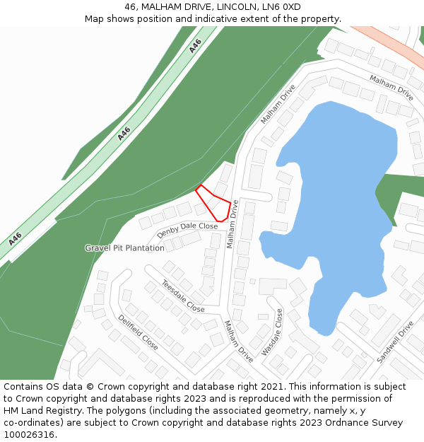 46, MALHAM DRIVE, LINCOLN, LN6 0XD: Location map and indicative extent of plot