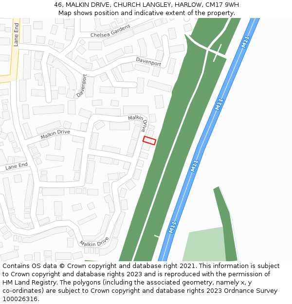 46, MALKIN DRIVE, CHURCH LANGLEY, HARLOW, CM17 9WH: Location map and indicative extent of plot