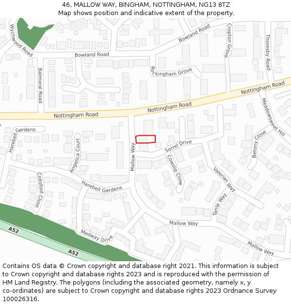46, MALLOW WAY, BINGHAM, NOTTINGHAM, NG13 8TZ: Location map and indicative extent of plot
