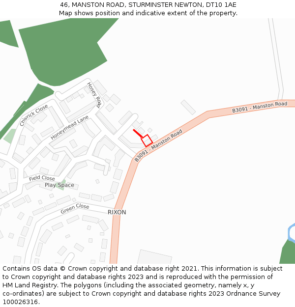 46, MANSTON ROAD, STURMINSTER NEWTON, DT10 1AE: Location map and indicative extent of plot