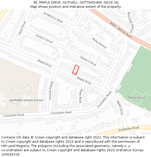 46, MAPLE DRIVE, NUTHALL, NOTTINGHAM, NG16 1EJ: Location map and indicative extent of plot
