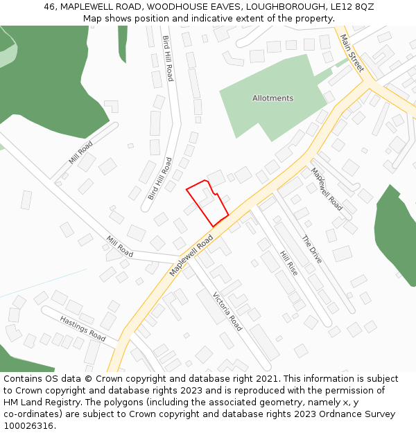 46, MAPLEWELL ROAD, WOODHOUSE EAVES, LOUGHBOROUGH, LE12 8QZ: Location map and indicative extent of plot