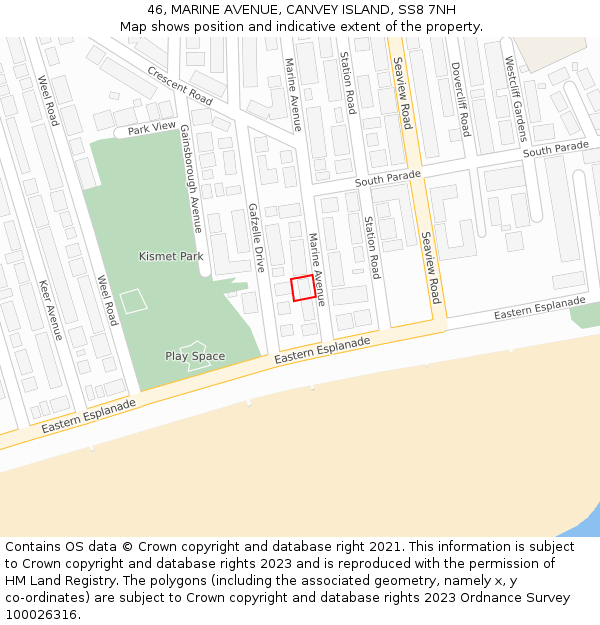 46, MARINE AVENUE, CANVEY ISLAND, SS8 7NH: Location map and indicative extent of plot