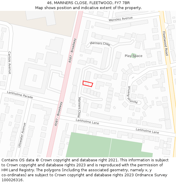 46, MARINERS CLOSE, FLEETWOOD, FY7 7BR: Location map and indicative extent of plot