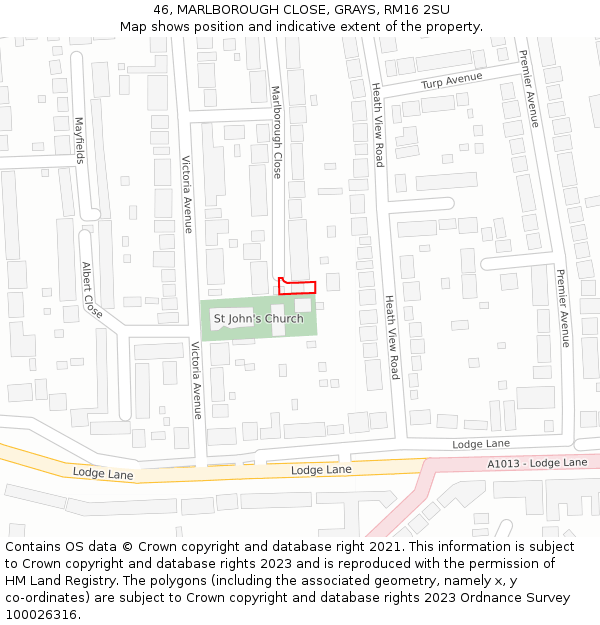46, MARLBOROUGH CLOSE, GRAYS, RM16 2SU: Location map and indicative extent of plot