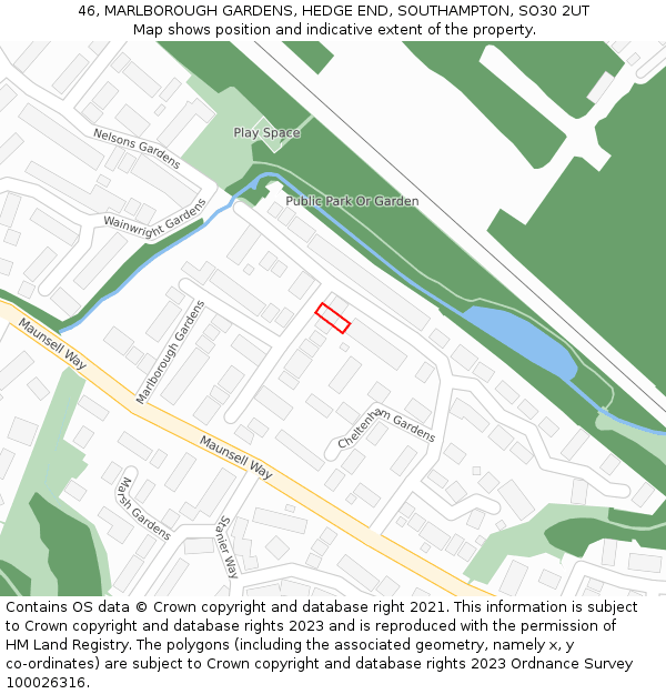 46, MARLBOROUGH GARDENS, HEDGE END, SOUTHAMPTON, SO30 2UT: Location map and indicative extent of plot