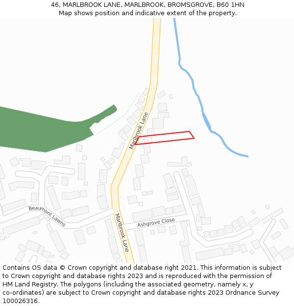 46, MARLBROOK LANE, MARLBROOK, BROMSGROVE, B60 1HN: Location map and indicative extent of plot