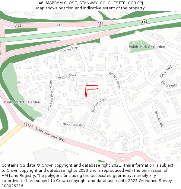 46, MARRAM CLOSE, STANWAY, COLCHESTER, CO3 0PJ: Location map and indicative extent of plot